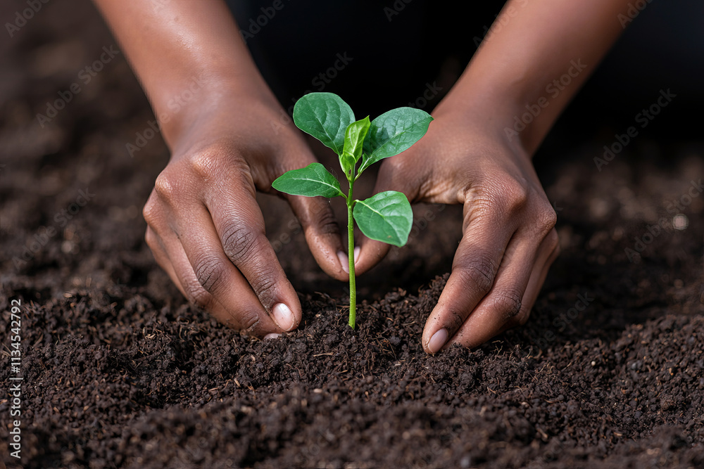 Hands gently planting green sapling in nutrient rich soil, symbolizing growth and care Hands gently planting green sapling in nutrient rich soil, symbolizing growth and care