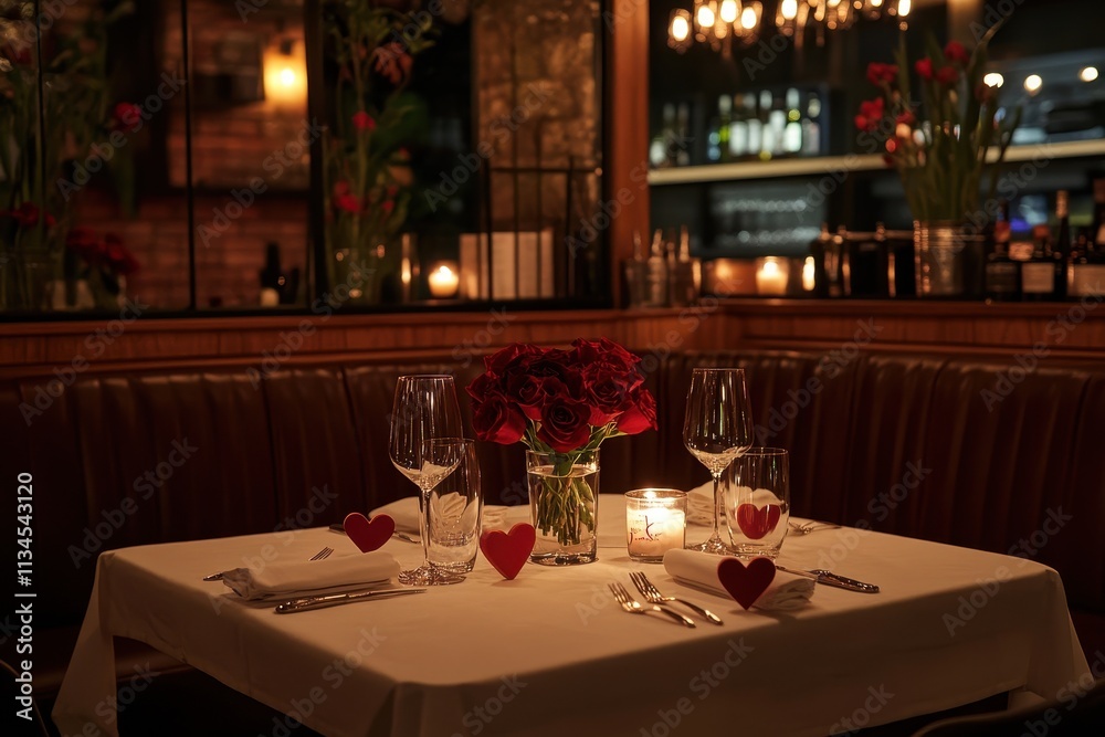 Romantic Restaurant Table Setting With Roses And Candles Romantic Restaurant Table Setting With Roses And Candles