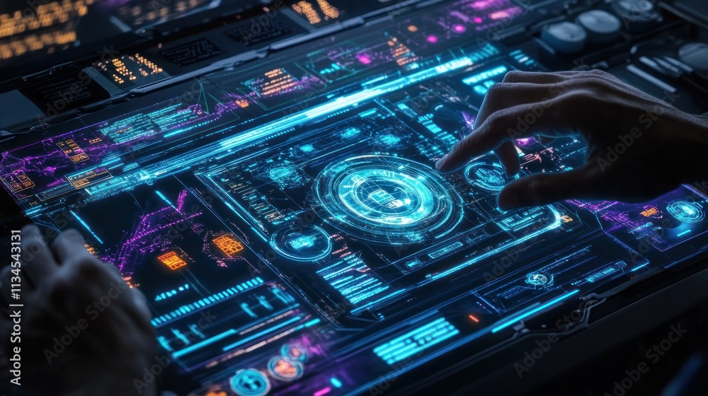Fototapeta premium Hands interacting with a futuristic interactive touchscreen display filled with glowing holographic data.