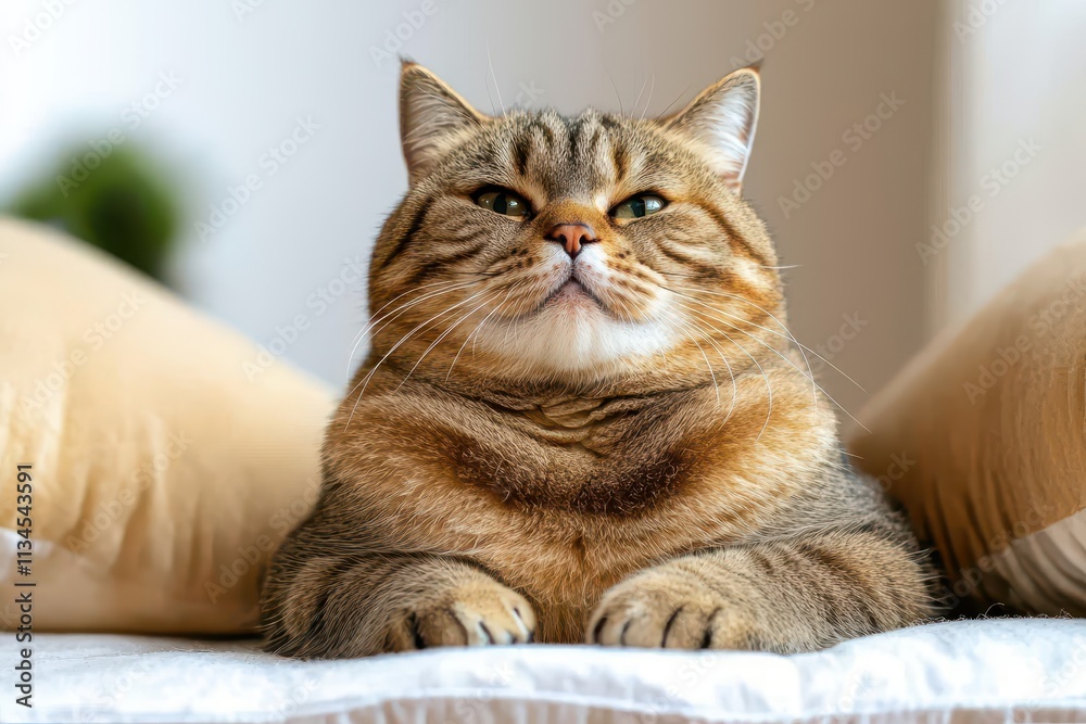 Relaxed Tabby Cat with Calm Expression Posing on Soft Cushions in Cozy Indoor Environment Relaxed Tabby Cat with Calm Expression Posing on Soft Cushions in Cozy Indoor Environment