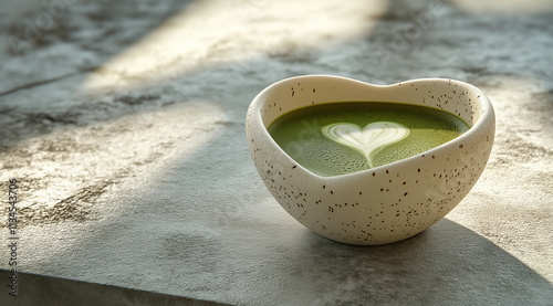 A cup of matcha latte in an elegant white ceramic bowl with a heart-shaped design, placed on top of a minimalist concrete table, with soft sunlight casting gentle shadows and highl photo