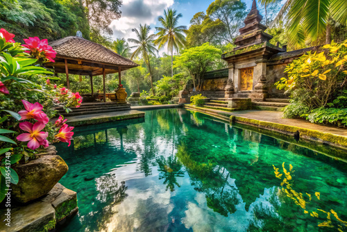 tranquil scene featuring sparkling crystal clear pool surrounded by lush greenery and ancient stone temple ruins, creating serene atmosphere