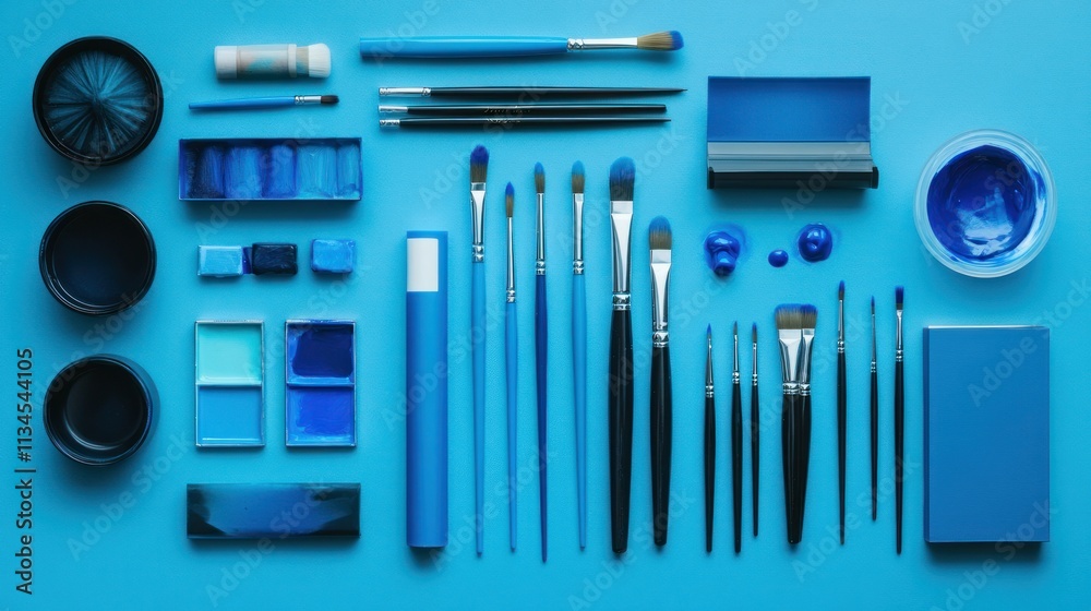 Flat lay of various blue art supplies, including paints, brushes, palettes, and containers, arranged on a vibrant blue background.