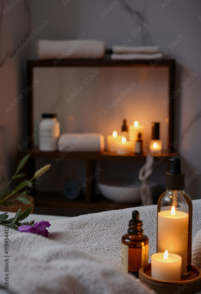 Spa room ambiance skin care serums and natural cosmetics with essential oils beauty concept, dramatic atmosphere, with white tones Spa room ambiance skin care serums and natural cosmetics with essential oils beauty concept, dramatic atmosphere, with white tones