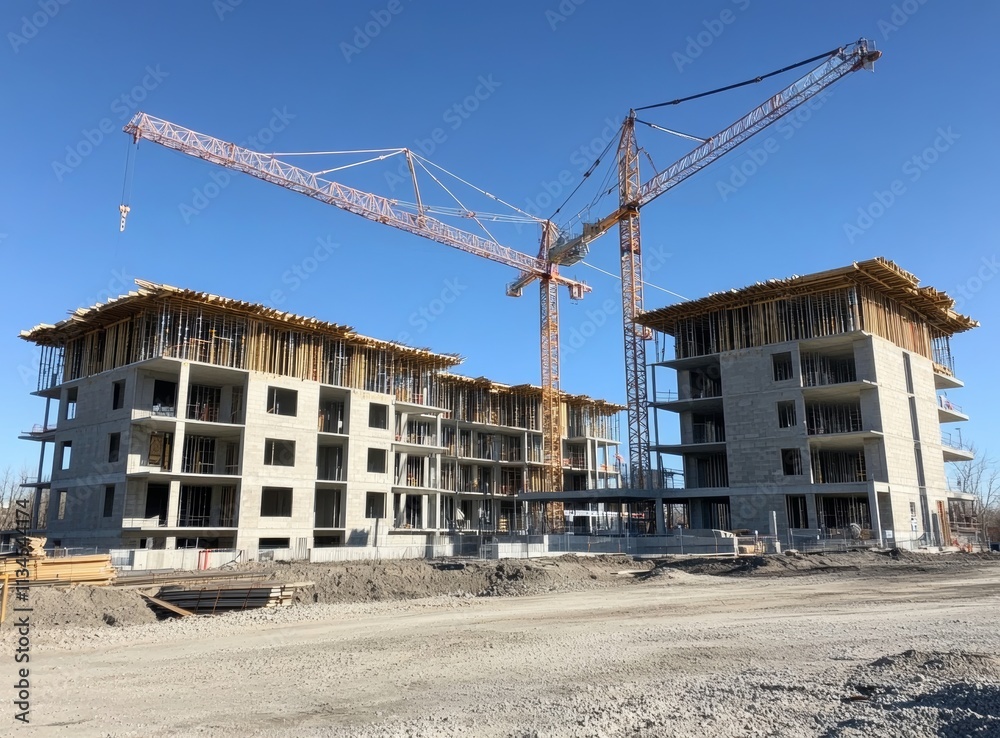 Construction Site with Cranes and Buildings Under Development Construction Site with Cranes and Buildings Under Development