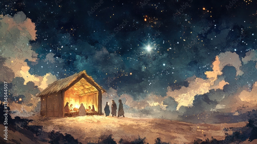 Nativity scene under starry sky, three wise men visit. Nativity scene under starry sky, three wise men visit.