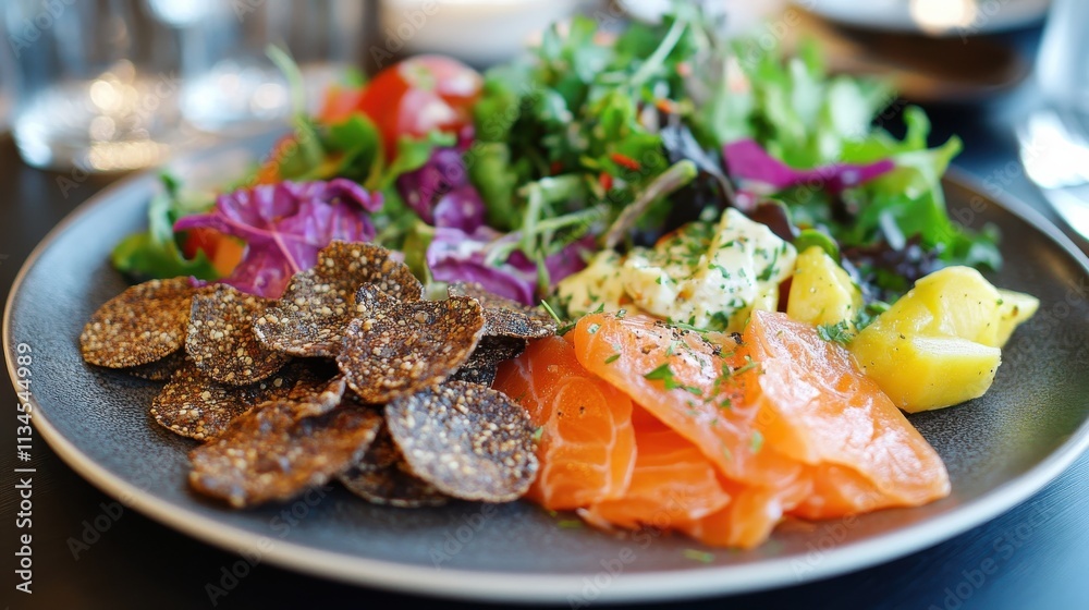 Healthy Nordic dinner plate: rye crisps, smoked fish, and a vibrant mixed salad Healthy Nordic dinner plate: rye crisps, smoked fish, and a vibrant mixed salad