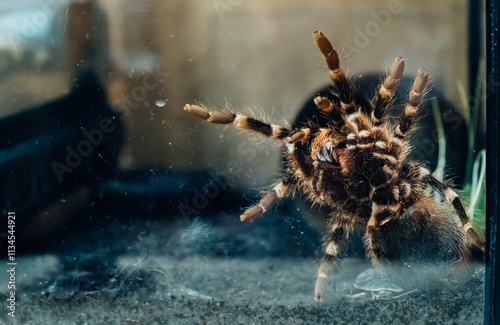 Big spider in a terrarium close-up. Acanthoscurria geniculata. Phobia concept. Toxic poison. Brazilian large size tropical animals. Blaptica dubia. High quality