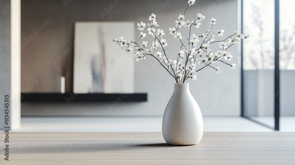陶器の花瓶と白い花のシンプルなインテリア 陶器の花瓶と白い花のシンプルなインテリア