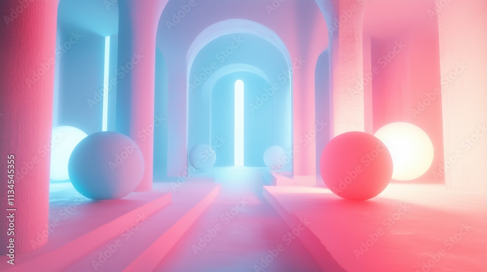 Abstract background with pastel neon blue and pink spheres, geometric shapes, and glowing light in the interior. Background for product presentation or design of a modern, futuristic room. Abstract background with pastel neon blue and pink spheres, geometric shapes, and glowing light in the interior. Background for product presentation or design of a modern, futuristic room.