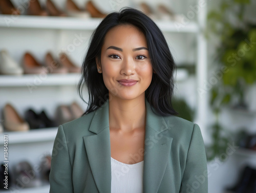 A portrait of an attractive, confident, and smiling woman in her late thirties with black hair wearing a green blazer, standing confidently next to white shelves filled with shoes