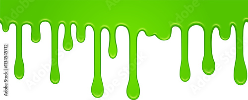 Seamless pattern of bright green dripping slime on white background, creating a sticky and gooey texture, ideal for halloween or any spooky project