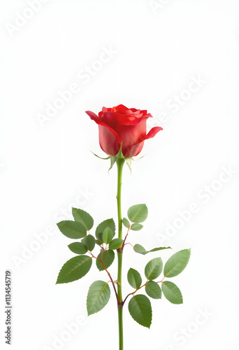 A red rose is the main focus of the image, standing tall and proud on a white background. The rose is the center of attention, drawing the viewer's eye and evoking feelings of love, beauty, low-poly