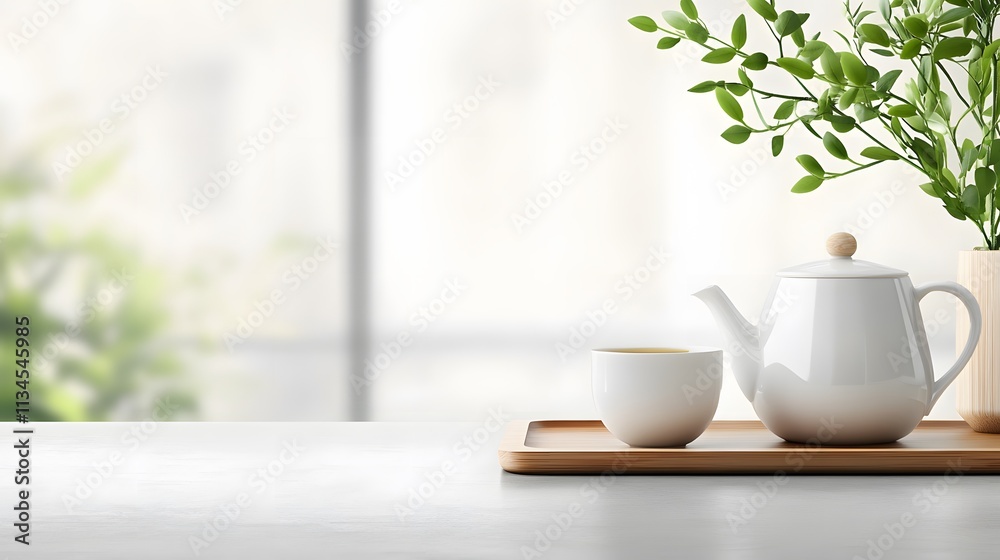 Elegant teapot with matching cups on a rustic wooden tray, celebrating National Hot Tea Month Elegant teapot with matching cups on a rustic wooden tray, celebrating National Hot Tea Month