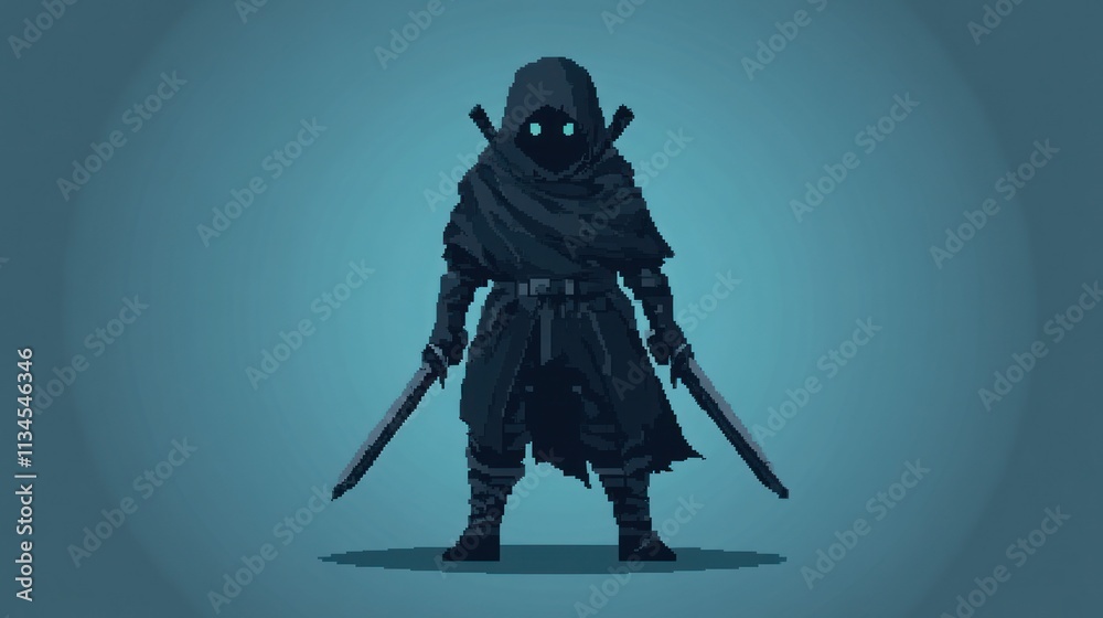 Pixelated ninja in dark hooded cloak, holding katana swords, with glowing eyes. Pixelated ninja in dark hooded cloak, holding katana swords, with glowing eyes.