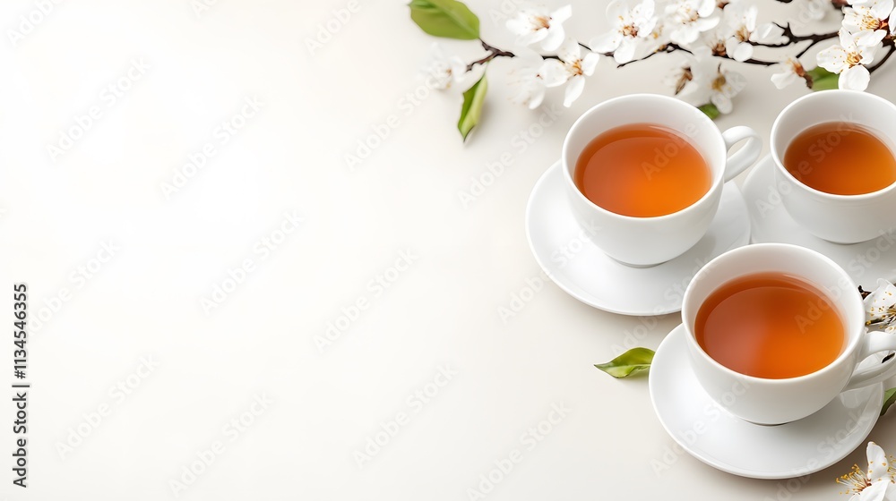 Tea party scene with delicate porcelain cups and saucers, cozy National Hot Tea Month vibe