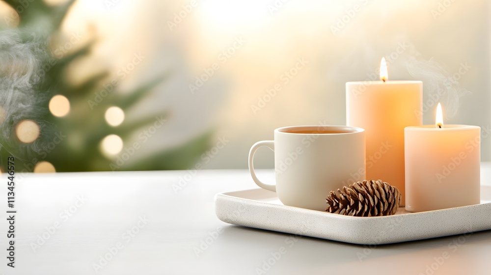 Fototapeta premium A cozy tea nook with cushions, candles, and steaming tea, serene National Hot Tea Month atmosphere
