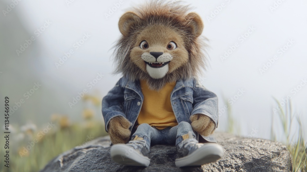 Cute cartoon lion cub in denim jacket sits on rock outdoors. Cute cartoon lion cub in denim jacket sits on rock outdoors.
