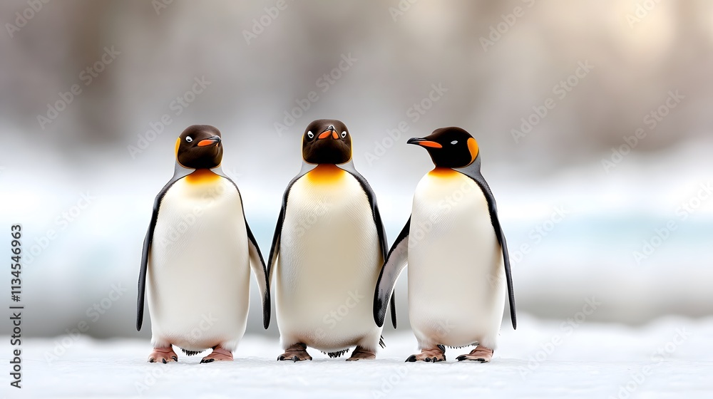 Fototapeta premium A group of penguins waddling on icy terrain, National Penguin Day theme, serene Antarctic background