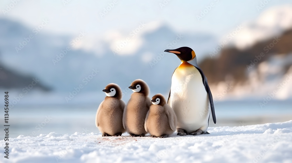 Fototapeta premium Penguin family huddled together against a snowy landscape, heartwarming National Penguin Day moment