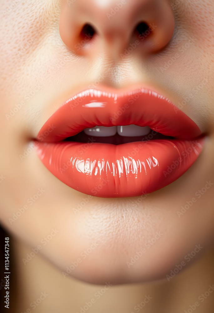 Fototapeta premium healthy human lips with peach glossy and shiny lipstick , Skincare and beauty and a cosmetic concept, close-up, with white tones