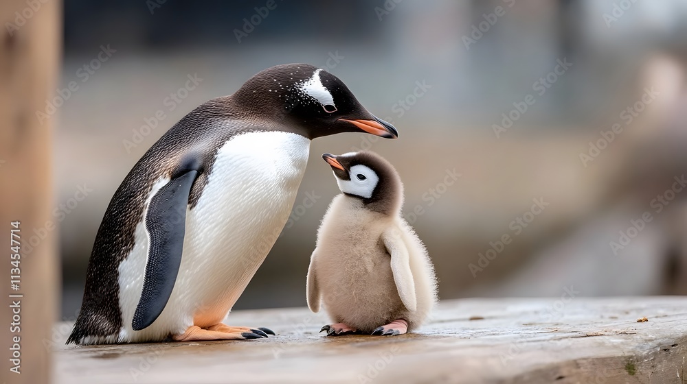 Naklejka premium Adorable penguin chick sheltered by an adult, National Penguin Day celebration of care
