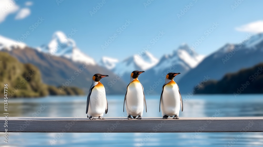 Obraz premium Penguins interacting in their natural habitat, snowy mountains in the distance, National Penguin Day theme