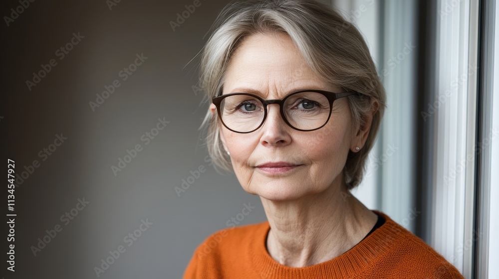 Fototapeta premium Stylish middle-aged businesswoman with glasses working in home office, showcasing remote work, home office design, and work-life balance concepts.