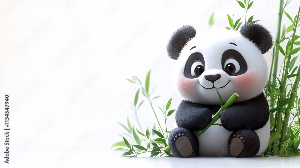 Fototapeta premium Playful Panda Enjoying Bamboo on Minimalist White Background