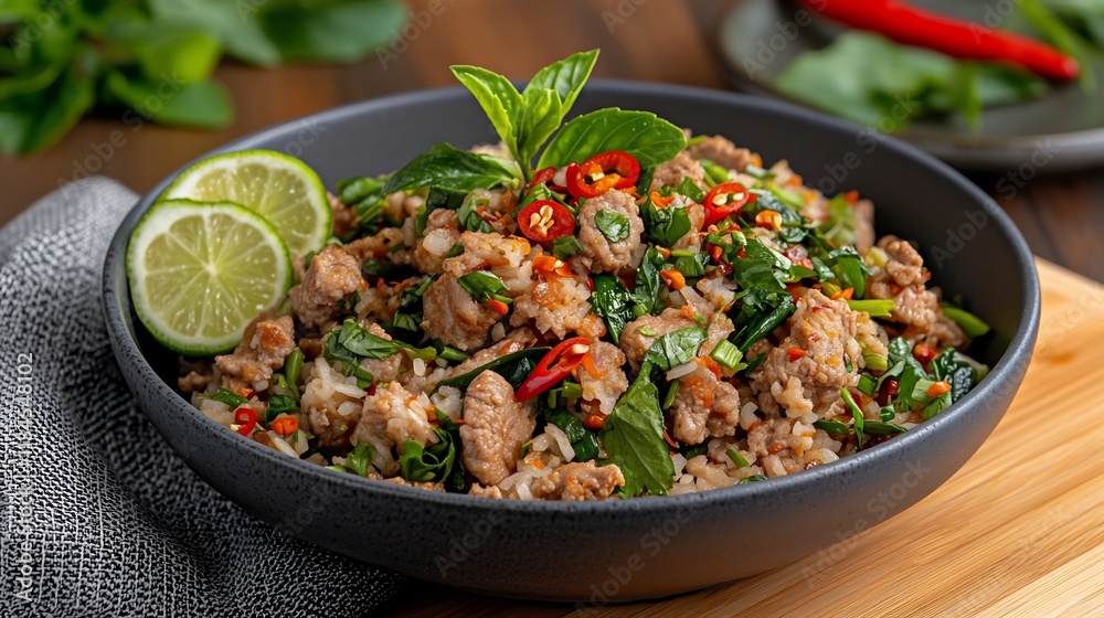 Presentation of Vibrant Thai Larb Salad with Herbs and Lime Presentation of Vibrant Thai Larb Salad with Herbs and Lime