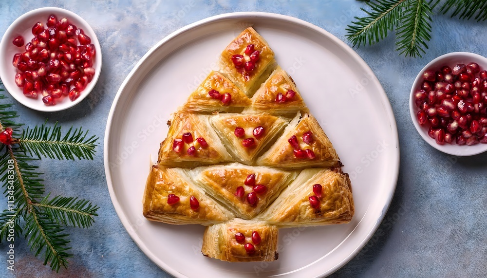 A creative puff pastry shaped like a Christmas tree, decorated with pomegranate seeds and star-shaped cheese pieces A creative puff pastry shaped like a Christmas tree, decorated with pomegranate seeds and star-shaped cheese pieces