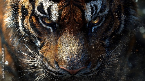 A close up portrait of a tiger s intense piercing eyes as it prowls through a dense jungle symbolizing focus strength and survival photo