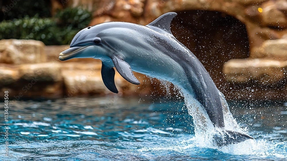 Obraz premium Playful Dolphin Leaping in the Sunlit Ocean with Sparkling Droplets