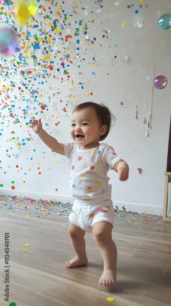 Fototapeta premium A little one discovers the magic of confetti, giggling with delight as colorful pieces rain down around them. 