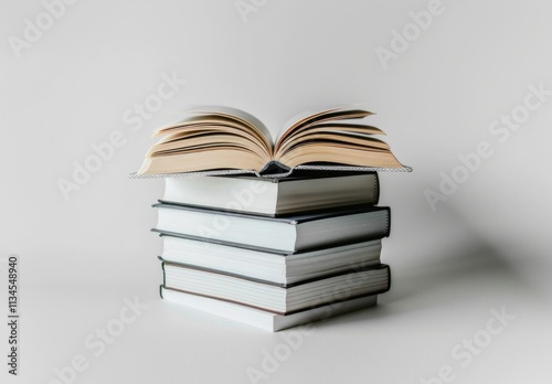 Books, knowledge, education, literature, reading an open book positioned atop a stack of closed books on a minimalistic light gray background, emphasizing the theme of learning and intellectual gro photo