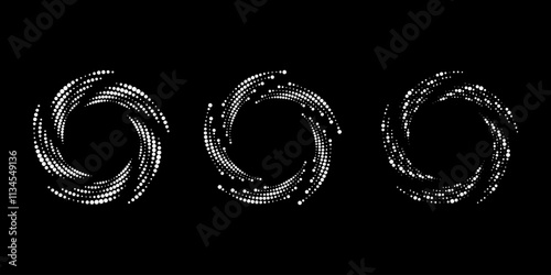 Set of white dotted vortex shapes. Circle form. Geometric art. Trendy design element for logo, tattoo, sign, symbol, web, prints, posters, social media, template, pattern, abstract backdrop