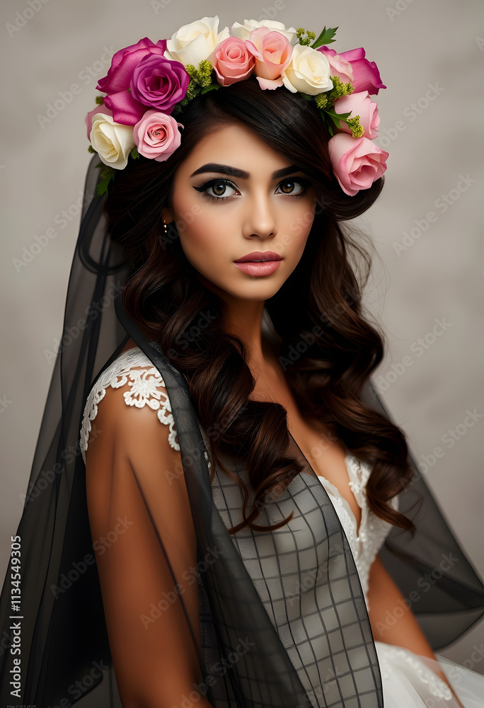 Naklejka premium Fashion Beauty Model Girl with Flowers Hair. Bride, with white tones