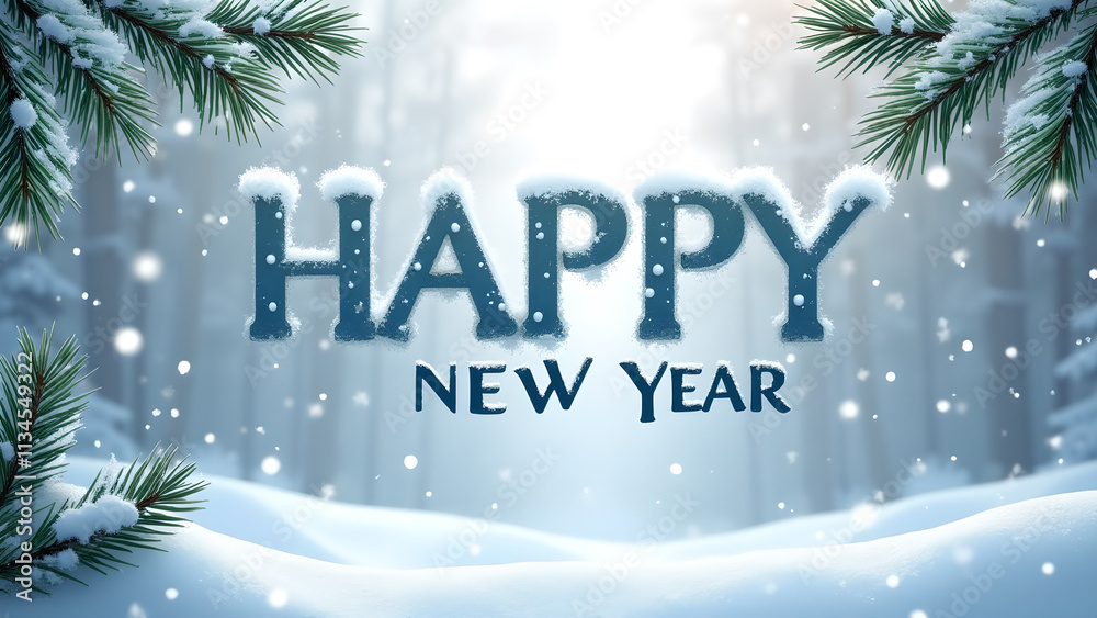 Happy New Year greeting in a snowy winter forest. Concept of celebration and holidays. Happy New Year greeting in a snowy winter forest. Concept of celebration and holidays.