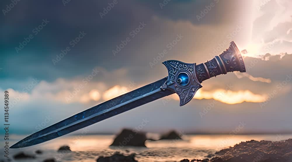 A magical metal sword in the ground with sparks, glowing with a bright blue aura