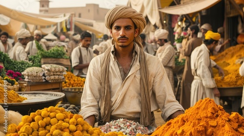 Fototapeta Naklejka Na Ścianę i Meble -  Young man sits amidst vibrant spices and produce at a bustling marketplace.