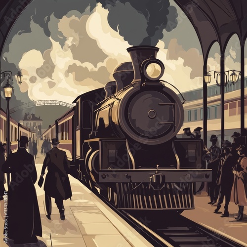 Vintage Train Station Departure: A nostalgic illustration of a steam train arriving at a bustling 19th-century train station, passengers waiting on the platform, evokes a sense of travel, adventure.