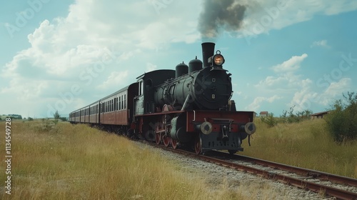 Steam Train Journey Through Time: A vintage steam locomotive chugs through a field of golden grass, its billowing smoke a testament to its age and power.