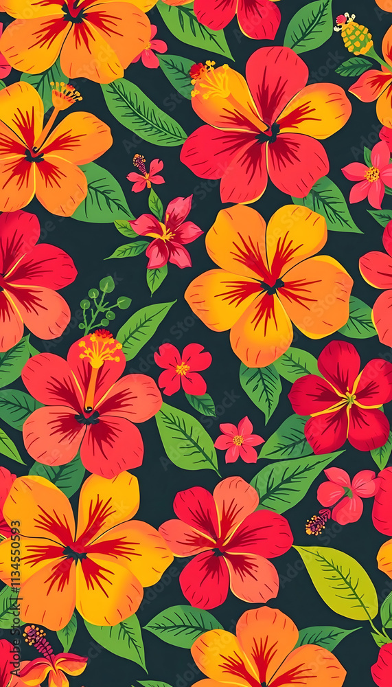 Fototapeta premium A vibrant floral pattern with red, orange, and yellow hibiscus flowers, creating a tropical and lively background perfect for summer designs