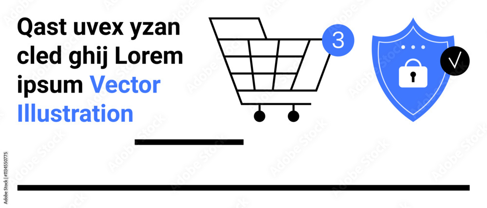 Shopping cart with notification badge and security shield with checkmark. Ideal for e-commerce, online shopping, security, notifications, purchases, internet safety, digital transactions. Landing Shopping cart with notification badge and security shield with checkmark. Ideal for e-commerce, online shopping, security, notifications, purchases, internet safety, digital transactions. Landing