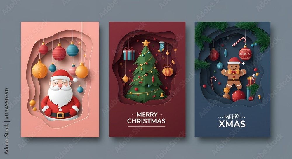 Fototapeta premium Various Christmas, New Year card and banner collection: Santa Claus, Christmas tree, snowman, reindeer, ornament, xmas elements and decorations and many more