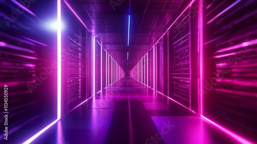 Futuristic neon-lit corridor with vibrant pink and blue glowing lines.