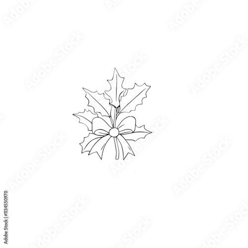 A line drawing of a black and white holly sprig witha bow
