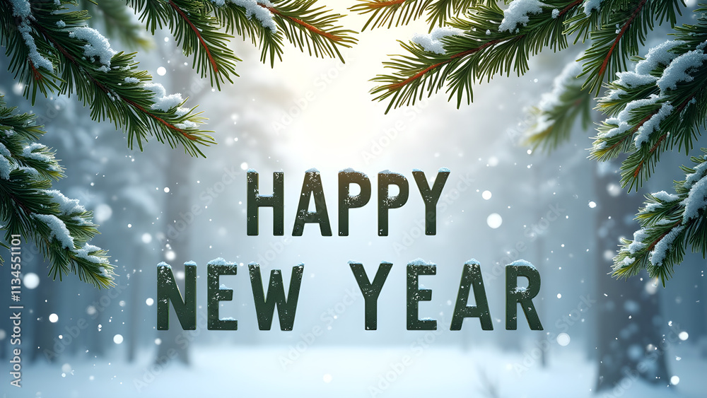 Happy New Year greeting with snowy pine branches. Concept of celebration, winter, and holidays. Happy New Year greeting with snowy pine branches. Concept of celebration, winter, and holidays.