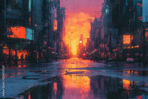 Cyberpunk Cityscape, Digital Sunset Reflects on Wet Streets, Glowing Buildings Line the Avenue, creating a Vivid and Atmospheric Scene