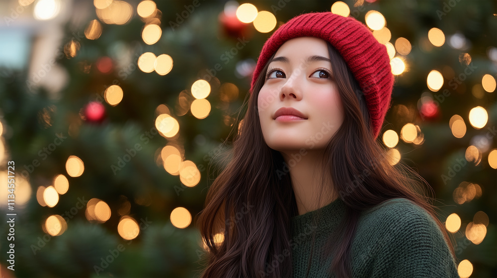 クリスマスツリーのそばに立つ若い日本人女性 クリスマスツリーのそばに立つ若い日本人女性